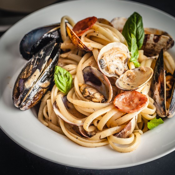 Clam and Mussel Pasta. Chorizo. Lager