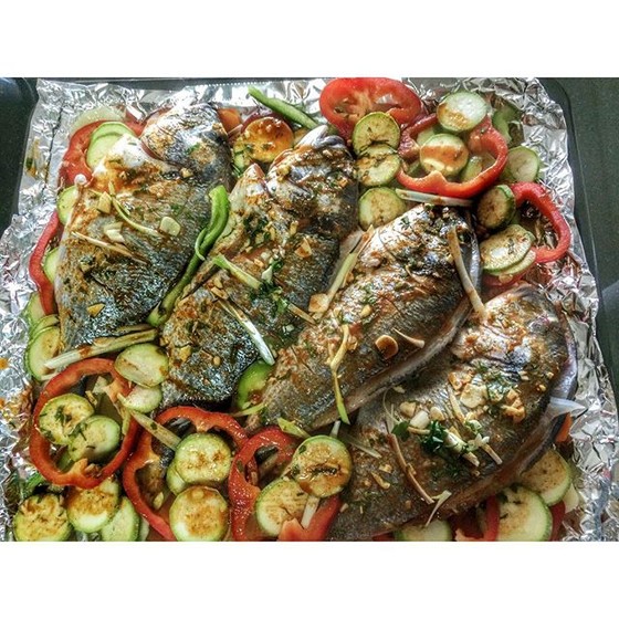 Whole Roasted Sea Bream with Chermoula Sauce and Vegetables